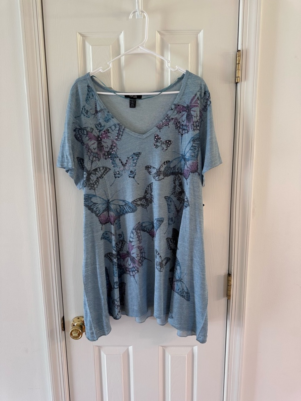 Style & Co 2X Butterfly Top Blue V Neck Tunic Short Sleeve Embellished Plus Size